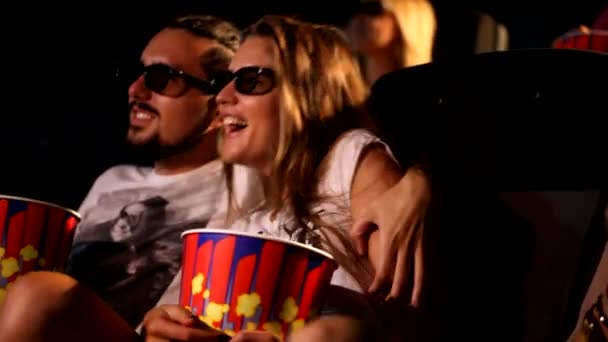 Group Attractive Happy Young Excited Female Male Friends Eating Popcorn — Stock Video