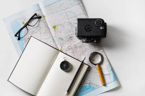 Planning Vacation Trip Map Flat Lay — Stock Photo, Image