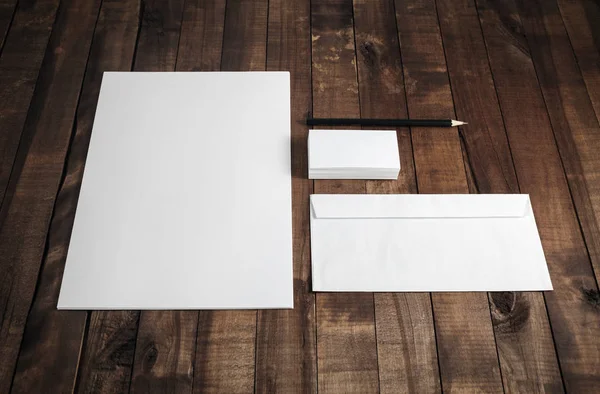 Photo Blank Stationery Set Wood Table Background Corporate Identity Mock — Stock Photo, Image