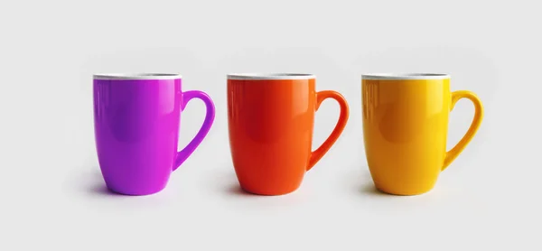 Trzy Kubki Ceramiczne Filiżanki Kawy Lub Herbaty Gotowy Projekt — Zdjęcie stockowe