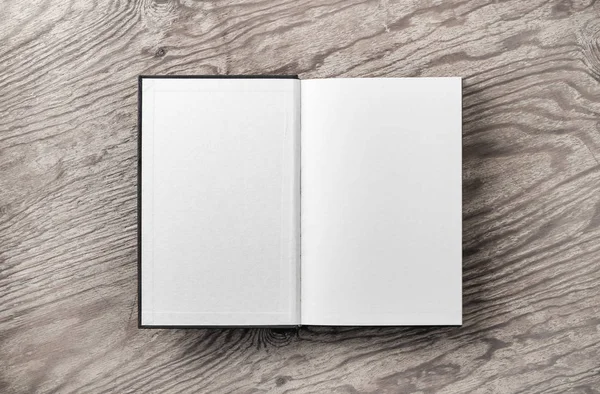 Mockup Aperto Libro Bianco Sfondo Tavolo Legno Vintage Posa Piatta — Foto Stock