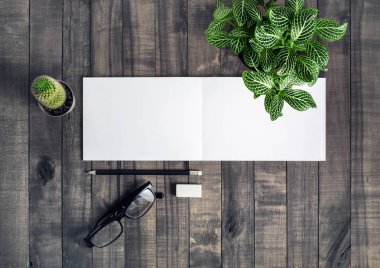 Boş ileti örneği şablonu. Defter, kalem, silgi, gözlük ve bitkiler üzerinde ahşap arka plan. Düz yatıyordu