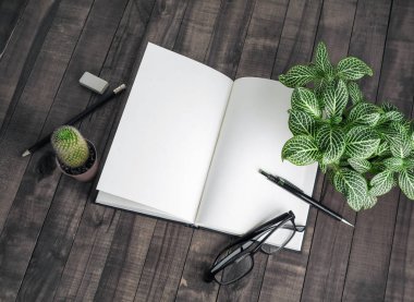 Açık kitap, bitkiler ve Kırtasiye ahşap arka plan üzerinde. Duyarlı tasarım mockup.