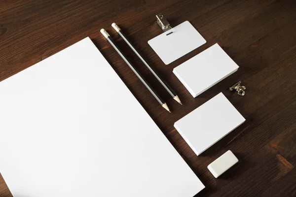 Photo Blank Stationery Set White Paper Background Corporate Identity Mockup — Stock Photo, Image