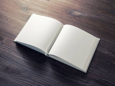 Ahşap arka plan boş açılan broşür fotoğraf. Grafik tasarımcıları Portföyleri için şablon.