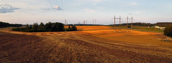 Campo Arato Dopo Raccolto Paesaggio Rurale Tramonto Colpo Panoramico — Foto Stock