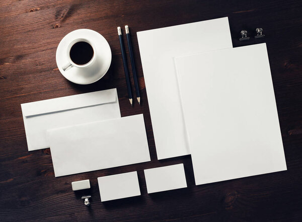 Blank branding mock-up. Business stationery set on wooden background. Flat lay.