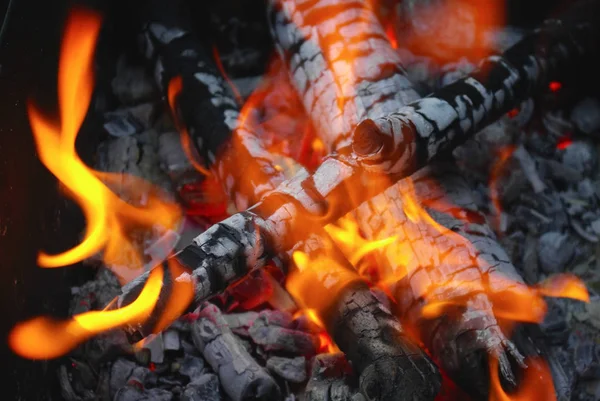 Огонь Уголь Яркое Пламя Костре Селективный Фокус — стоковое фото