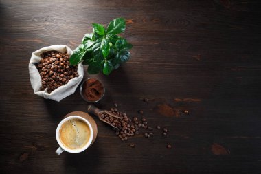Kahve yapıyorum. Kahve fincanı, kahve çekirdekleri, ahşap arka planda bitki ve toprak tozu fotoğrafı. Metnin için alanı kopyala. Üst Manzara. Düz yatıyordu.