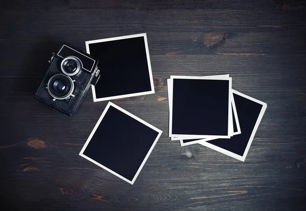 Blank Photos Vintage Camera Wooden Background Square Photo Frames Template — Stock Photo, Image