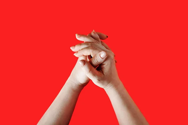 Female Hands Depict Washing Red Background — Stock Photo, Image