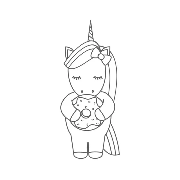 Drăguț Desen Animat Alb Negru Ilustrare Vector Unicorn Mananca Gogoasa — Vector de stoc
