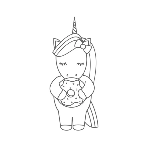 sevimli çizgi siyah beyaz vektör çizim donut yemek unicorn ile