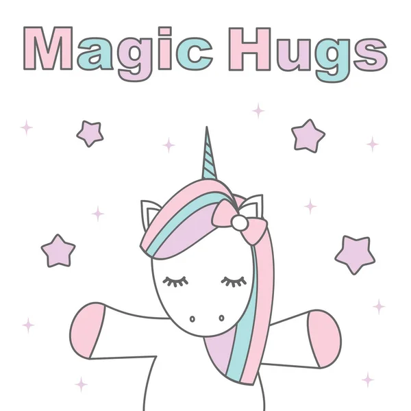 Drăguț Desen Animat Vector Magie Îmbrățișări Card Unicorn Stele — Vector de stoc