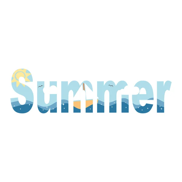 可爱的矢量夏季字与海 云彩和太阳隔绝在白色背景上 — 图库矢量图片