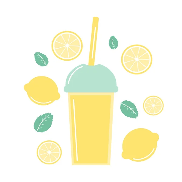 かわいい新鮮なレモネードの夏セット レモン ミント レモン スライス — ストックベクタ