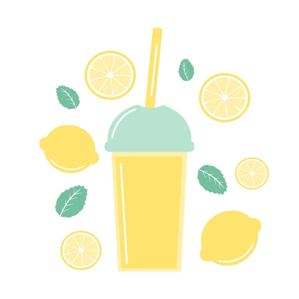 Lindo Fresco Limonada Verano Conjunto Con Limones Menta Rodaja Limón — Vector de stock