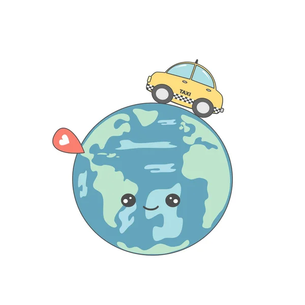 Illustration Concept Vectoriel Dessin Animé Mignon Avec Taxi Autour Terre — Image vectorielle