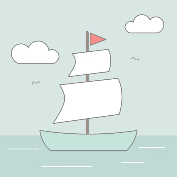 Carino Cartone Animato Barca Vela Nel Vettore Del Mare Illustrazione — Vettoriale Stock