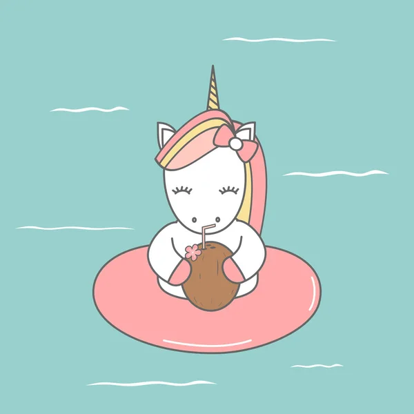 Cute Cartoon Colorful Unicorn Float Sea Summer Vector Illustration — Stock Vector