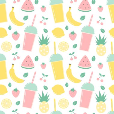 sevimli yaz Dikişsiz vektör desen arka plan illüstrasyon smoothies ve taze meyve ile