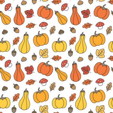 sevimli sonbahar sonbahar sorunsuz vektör desen arka plan çizim pumpkins, yaprakları, meşe palamutları, kestane ve mantar ile