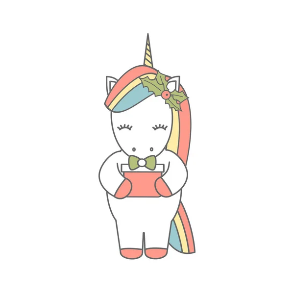 Drăguț Desen Animat Vector Unicorn Cutie Cadou Crăciun Izolat Fundal — Vector de stoc