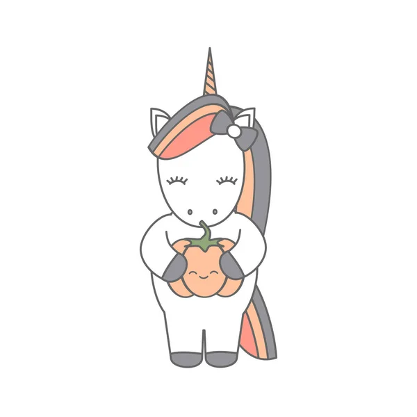 Kartun Unicorn Imut Dengan Ilustrasi Vektor Labu Lucu - Stok Vektor