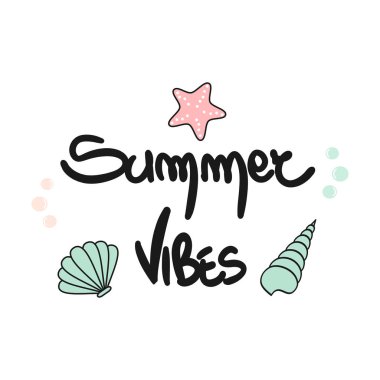 deniz kabuklarını ve deniz yıldızı ile sevimli yaz vibes el çizilmiş yazı vektör kartı