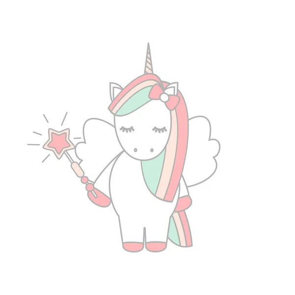 Indah Kartun Indah Unicorn Vector Ilustrasi Dengan Tongkat Sihir - Stok Vektor