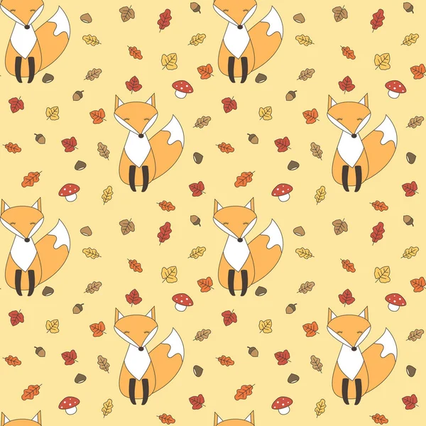 Cute Autumn Seamless Vector Pattern Background Illustration Leaves Foxes Mushrooms — Stock Vector