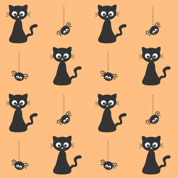 Roztomilý Kreslený Černá Kočka Pavouk Halloween Bezešvá Vektorová Vzor Pozadí — Stockový vektor