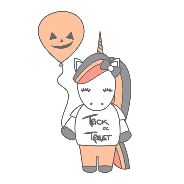 Bonito Desenho Animado Halloween Vetor Ilustração Com Unicórnio Abóbora Balão — Vetor de Stock