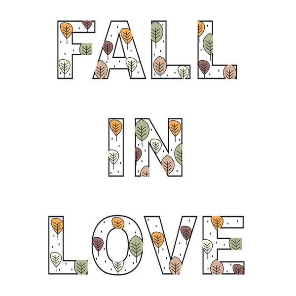 Aranyos Vektor Fall Love Szöveg Kitöltése Levelek Mintával — Stock Vector