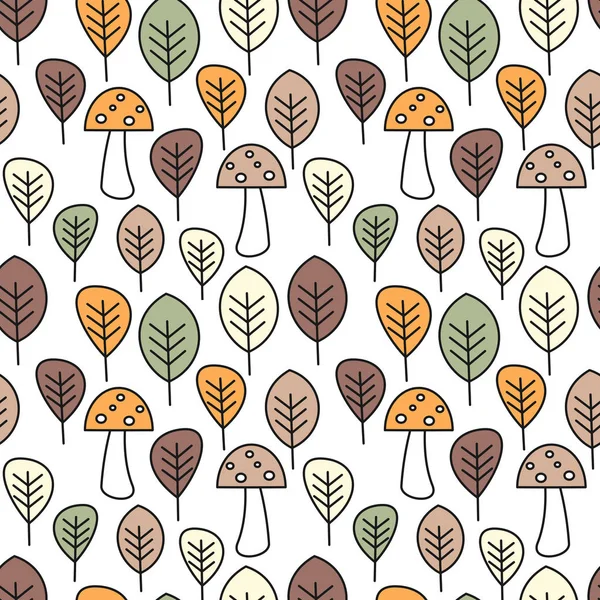 Милая Осень Красочные Бесшовные Векторные Картины Фон Иллюстрация Грибами Листьями — стоковый вектор