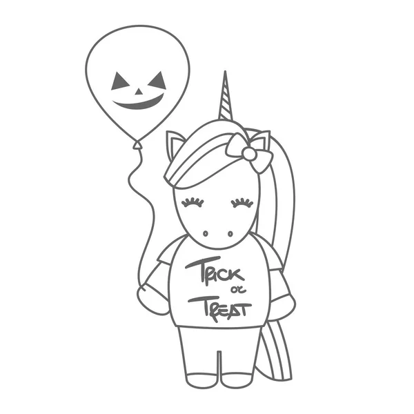 Bonito Desenho Animado Preto Branco Halloween Vetor Ilustração Com Unicórnio — Vetor de Stock