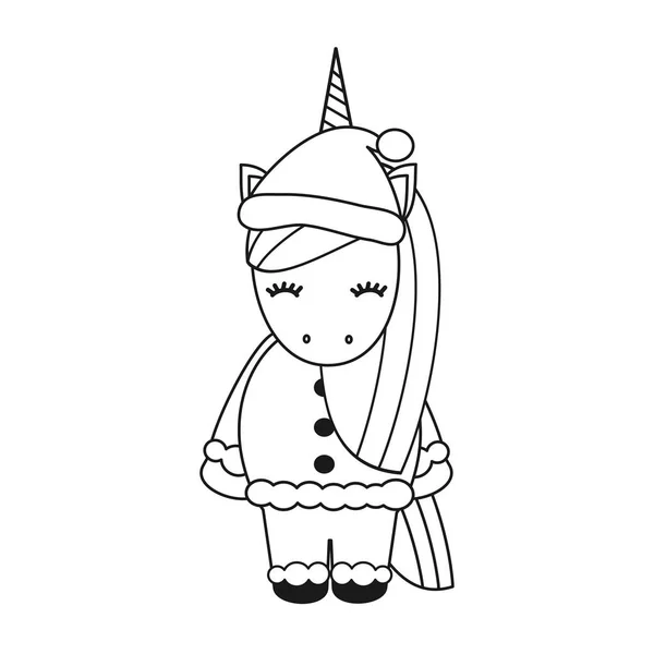 Kartun Vektor Lucu Hitam Dan Putih Natal Unicorn Terisolasi - Stok Vektor