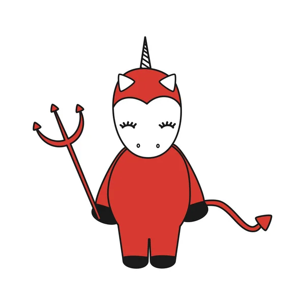Drăguț Desen Animat Diavol Unicorn Halloween Vector Ilustrare Izolat Fundal — Vector de stoc