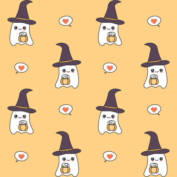 Cute Cartoon Ghosts Pumpkins Seamless Vector Pattern Background Illustration — Stock Vector