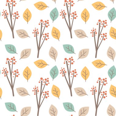 sevimli sonbahar sonbahar sorunsuz vektör desen arka plan illüstrasyon dalları whith çilek ve yaprakları ile 