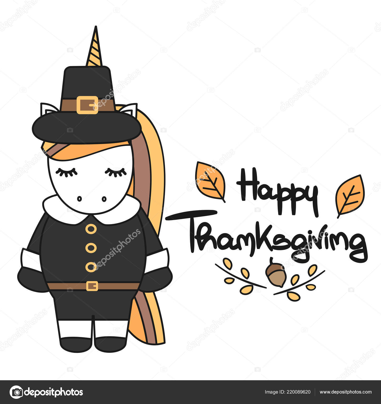 Cute Hand Drawn Lettering Happy Thanksgiving Vector Card Pilgrim Unicorn Stock Vector C Alicev1978 220089620
