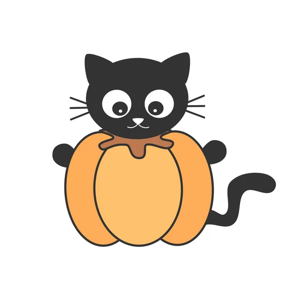 Bonito Desenho Animado Preto Gato Uma Abóbora Engraçado Vetor Halloween — Vetor de Stock