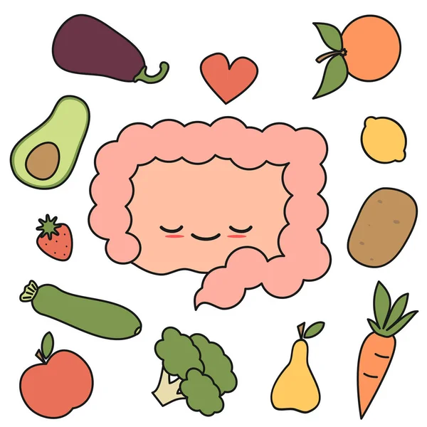 Carino Cartone Animato Intestino Felice Sano Con Frutta Verdura Concetto — Vettoriale Stock