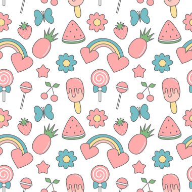 şirin tropikal yaz Dikişsiz vektör desen arka plan illüstrasyon kelebek, çiçek, taze meyve, gökkuşağı, lolipop, dondurma ve yıldız