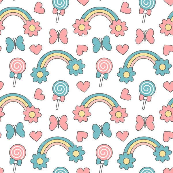 Cute Cartoon Rainbows Daisy Flowers Lollipops Hearts Butterflies Seamless Pattern — Stock Vector