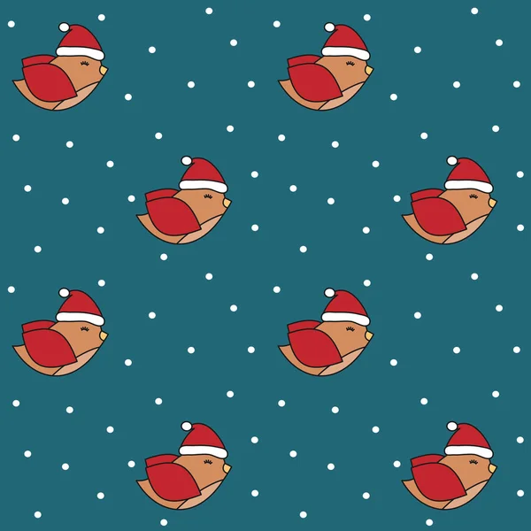 Cute Cartoon Birds Santa Hat Christmas Seamless Vector Pattern Background — Stock Vector