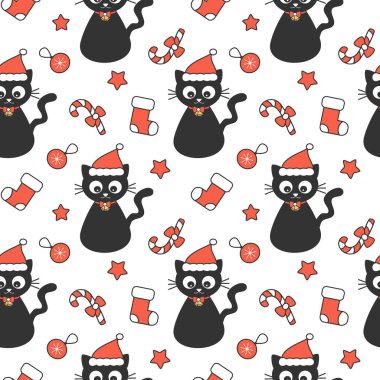 Sevimli güzel tatil sorunsuz vektör desen arka plan illüstrasyon ile Noel Baba şapkası, çorap, şeker kamışı, yıldız ve Noel top ile siyah kedi