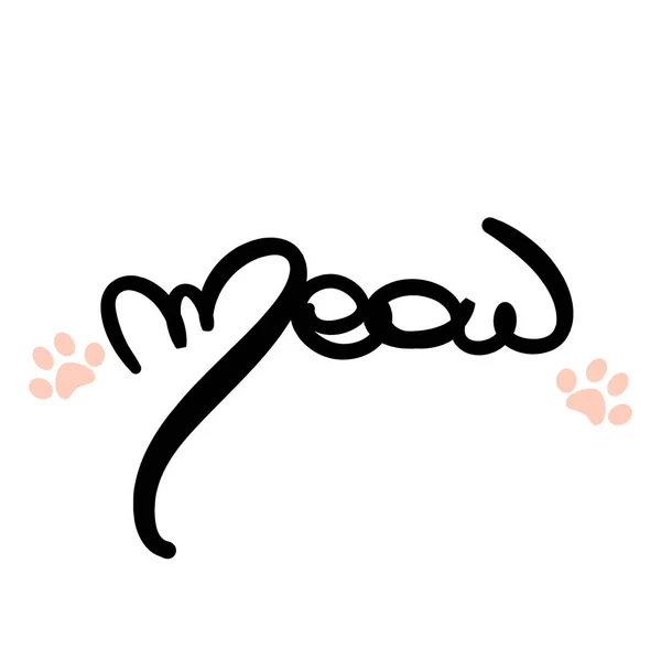 Schattig Vector Hand Getrokken Belettering Miauw Met Roze Kat Poot — Stockvector