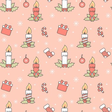 şirin sorunsuz vektör desen arka plan illüstrasyon Noel mumlar, şeker kamışı, hediye kutusu, çorap, holly ve diğer tatil dekoratif elemanlar