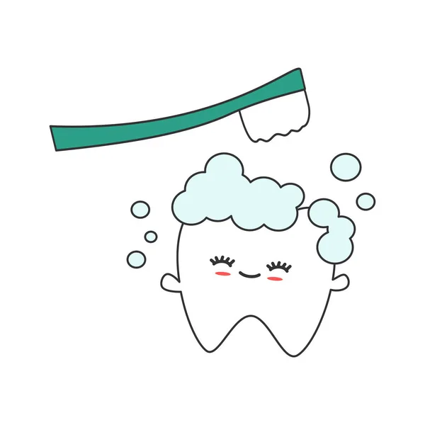 Personagem Desenho Animado Dente Bonito Com Escova Dentes Ilustração Conceito — Vetor de Stock